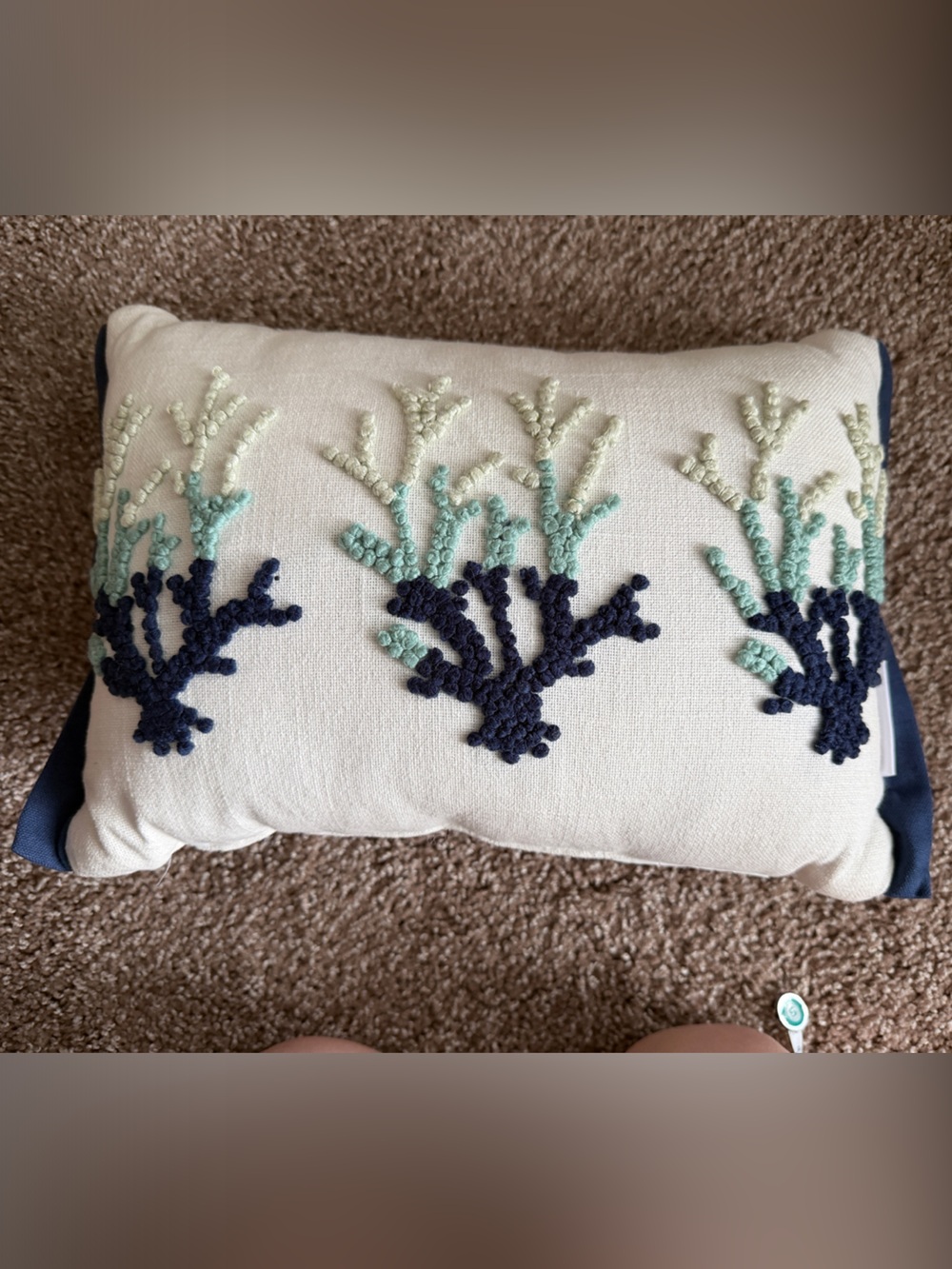 Embroidered Coral Motif Accent Pillow in Navy and Seafoam